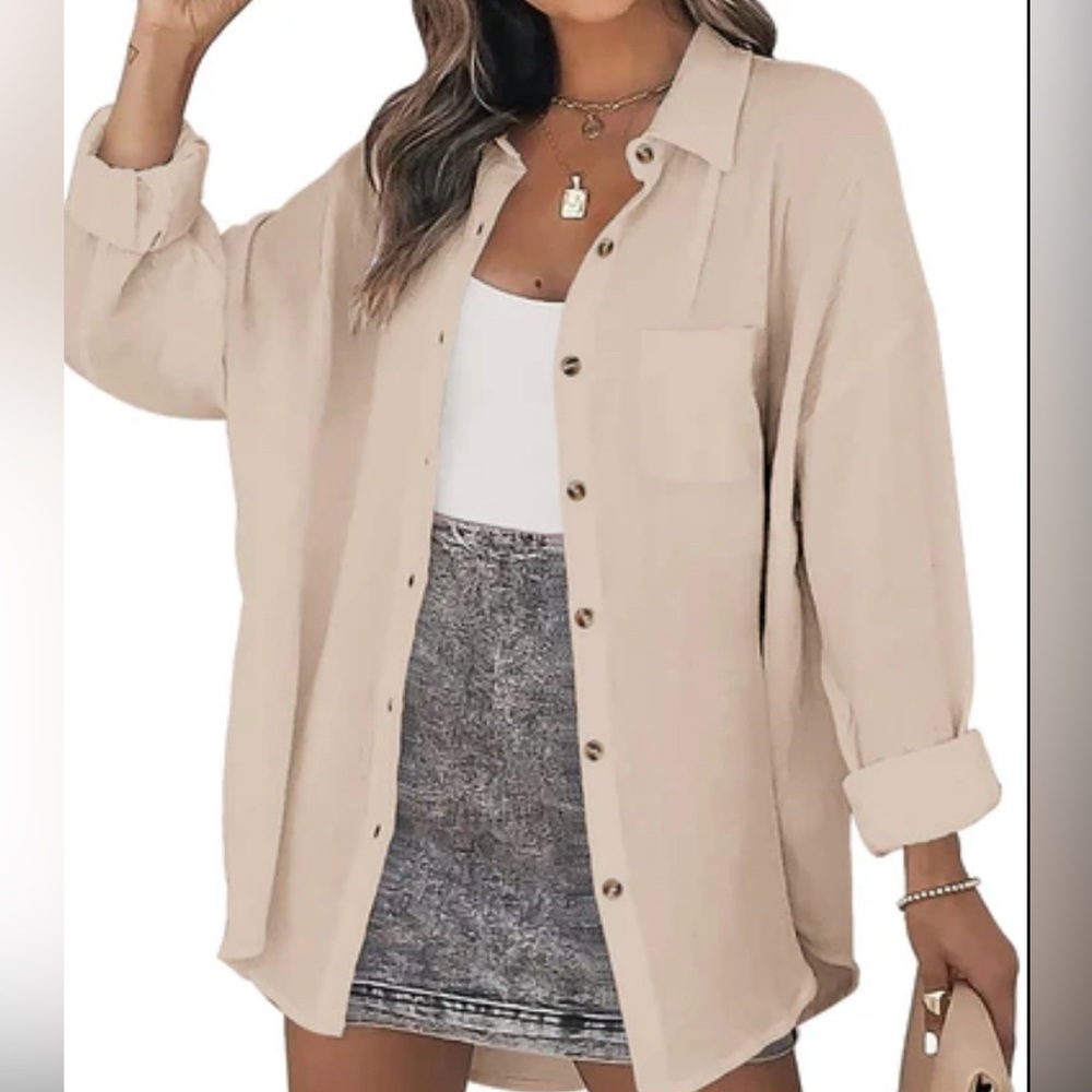 Zeagoo tunic/shirt 100% cotton button-up half-long sleeves Light Khaki L